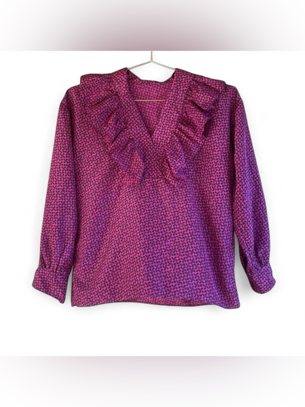 Vintage 70s Magenta Ruffle Blouse – Pink Black Abstract V-Neck Top (S)